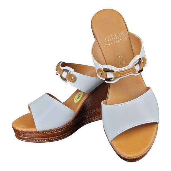 Italian Shoemaker Wedge Heel Platform Sandals White Brown Women's Size 9 US - Picture 1 of 10